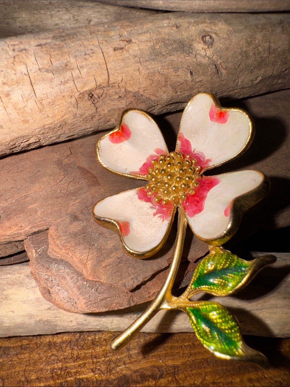 Handcrafted White and Pink Floral Enamel Brooch - Gold Tone